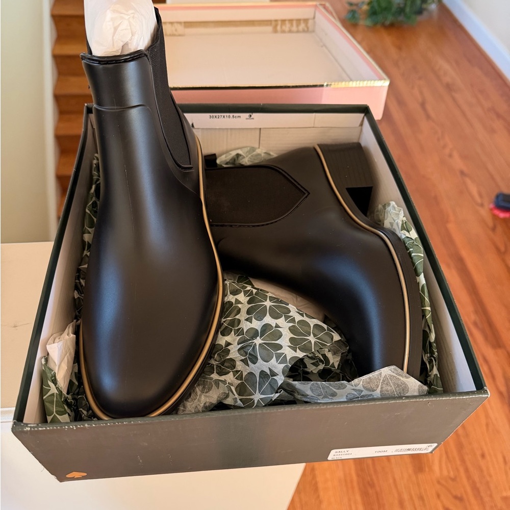 kate spade Black Chelsea Rain Boots with Tan Trim Accent